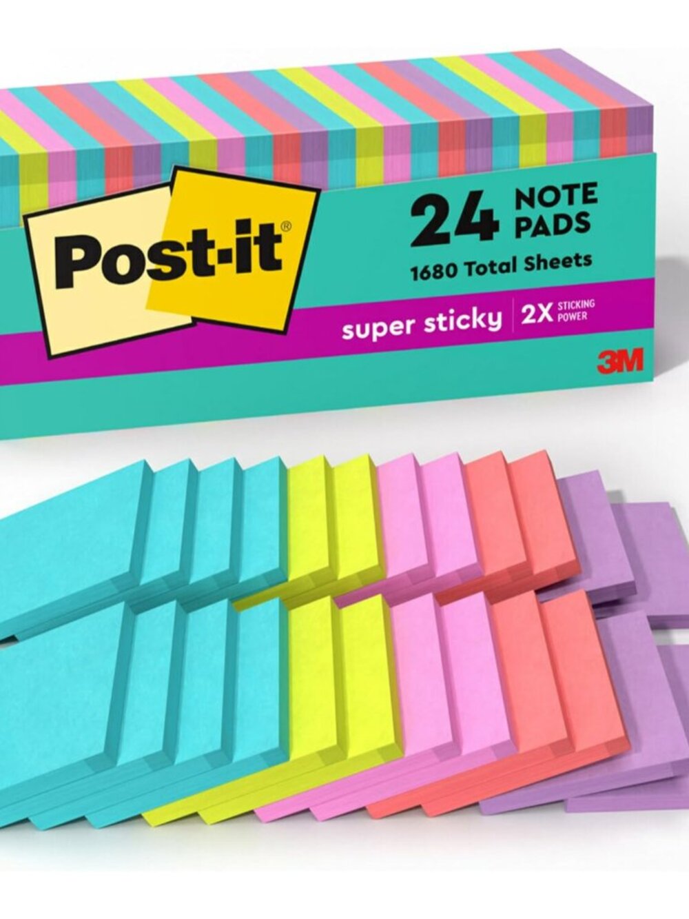 Super Sticky Notes, 3 x 3 in, Supernova Neons, 24 Pads